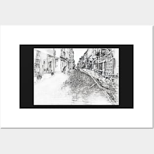 Cobbled street drawing of Whitby North Yorkshire Posters and Art